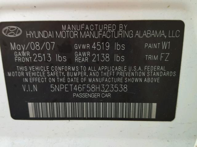 5NPET46F58H323538 - 2008 HYUNDAI SONATA GLS WHITE photo 10