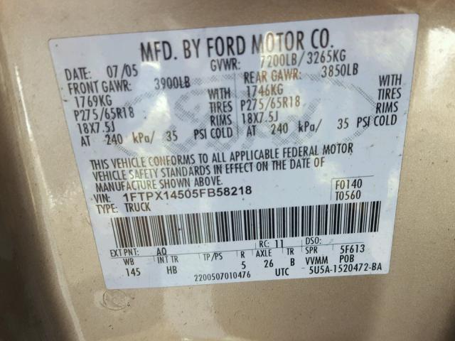 1FTPX14505FB58218 - 2005 FORD F150 SILVER photo 10