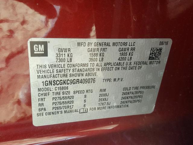 1GNSCGKC9GR409076 - 2016 CHEVROLET SUBURBAN C MAROON photo 10