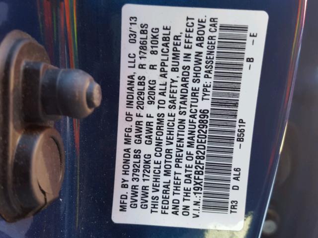 19XFB2F82DE029896 - 2013 HONDA CIVIC EX ლურჯი ფოტო 10