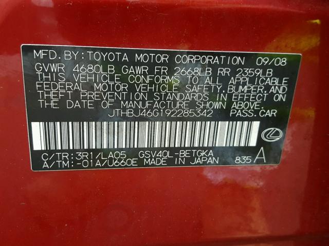 JTHBJ46G192285342 - 2009 LEXUS ES 350 RED photo 10