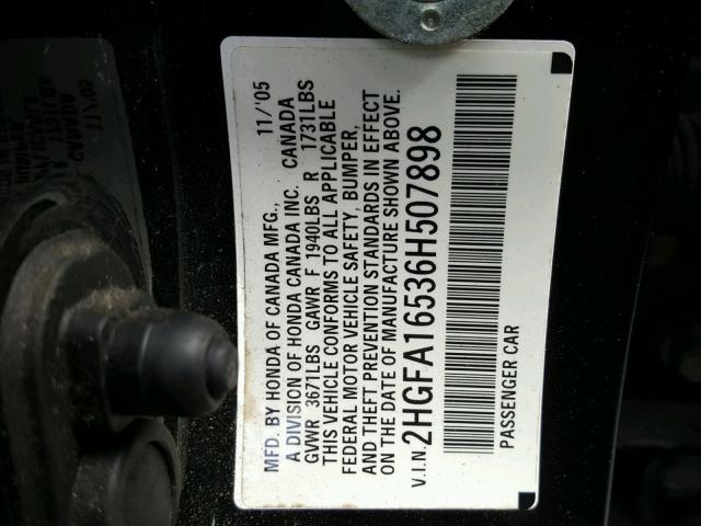 2HGFA16536H507898 - 2006 HONDA CIVIC LX BLACK photo 10