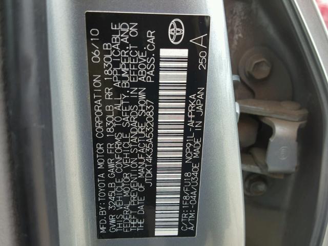 JTDKT4K35A5320837 - 2010 TOYOTA YARIS SILVER photo 10