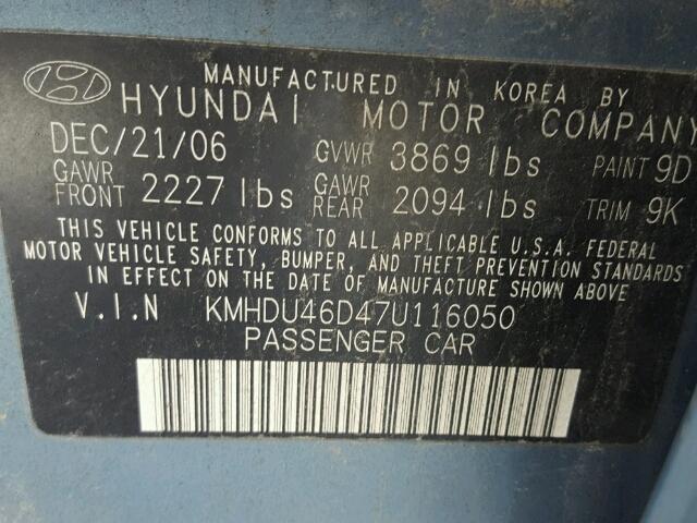 KMHDU46D47U116050 - 2007 HYUNDAI ELANTRA GL BLUE photo 10