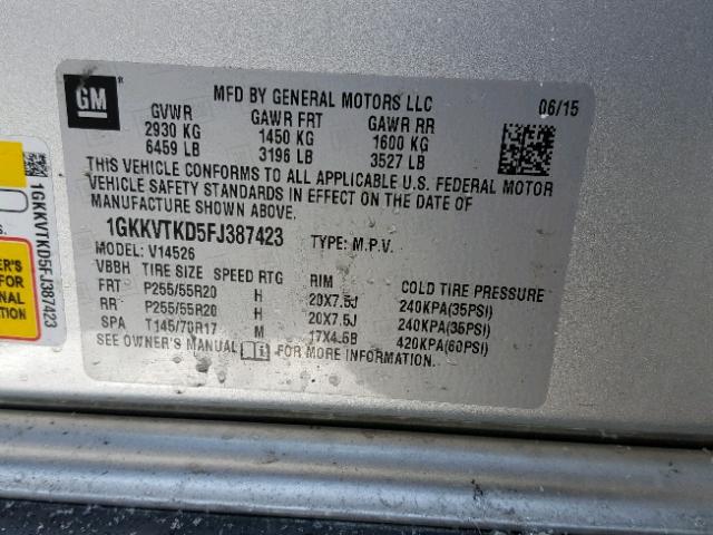 1GKKVTKD5FJ387423 - 2015 GMC ACADIA DEN SILVER photo 10