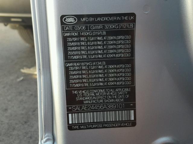 SALAE25406A371233 - 2006 LAND ROVER LR3 SE SILVER photo 10