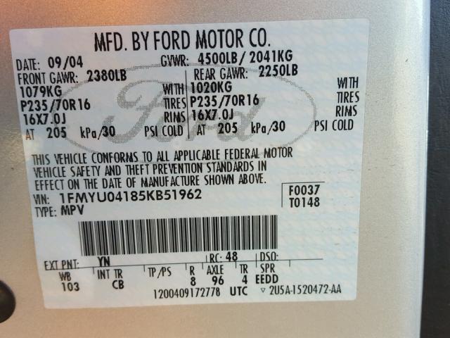 1FMYU04185KB51962 - 2005 FORD ESCAPE LIM SILVER photo 10