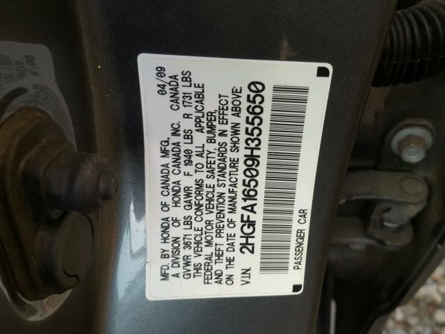 2HGFA16509H355650 - 2009 HONDA CIVIC LX CHARCOAL photo 10