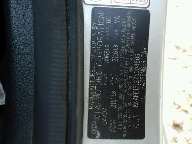 KNAFE161275004806 - 2007 KIA SPECTRA5 S SILVER photo 10