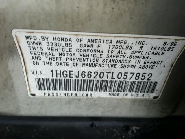 1HGEJ6620TL057852 - 1996 HONDA CIVIC DX SILVER photo 10