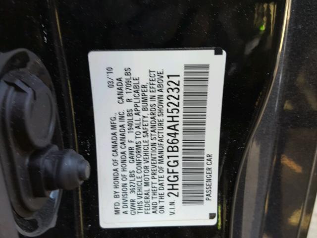 2HGFG1B64AH522321 - 2010 HONDA CIVIC LX BLACK photo 10