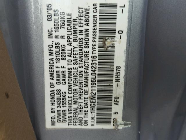 1HGEM21195L042316 - 2005 HONDA CIVIC DX V SILVER photo 10