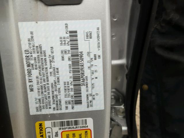 3FA6P0RU9JR150904 - 2018 FORD FUSION TIT SILVER photo 10