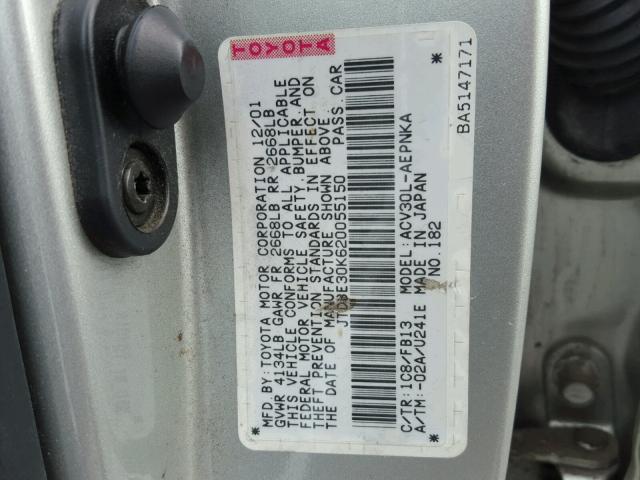 JTDBE30K620055150 - 2002 TOYOTA CAMRY LE SILVER photo 10