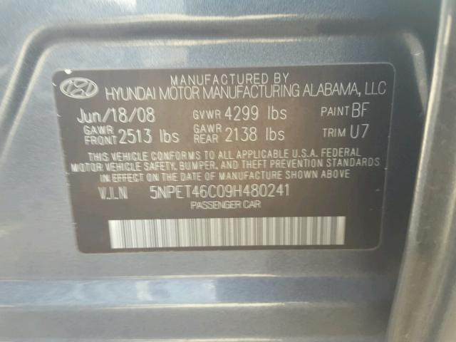 5NPET46C09H480241 - 2009 HYUNDAI SONATA GLS BLUE photo 10