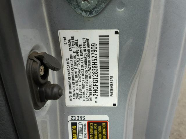 2HGFG12838H527909 - 2008 HONDA CIVIC EX ვერცხლისფერი ფოტო 10