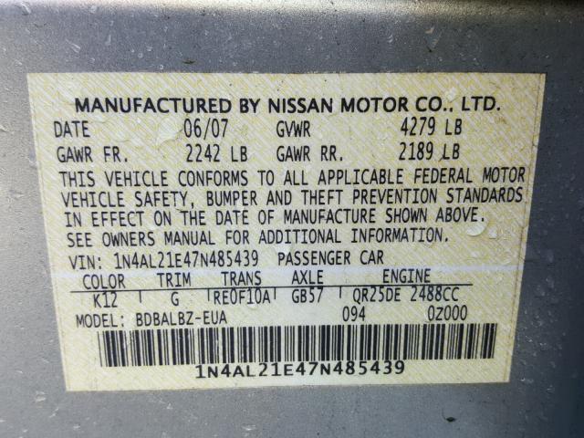 1N4AL21E47N485439 - 2007 NISSAN ALTIMA 2.5 SILVER photo 10