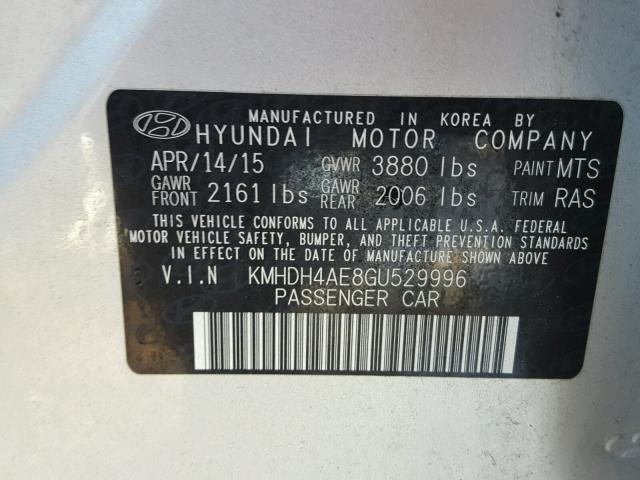 KMHDH4AE8GU529996 - 2016 HYUNDAI ELANTRA SE SILVER photo 10