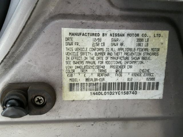 1N4DL01D2YC158740 - 2000 NISSAN ALTIMA XE TAN photo 10