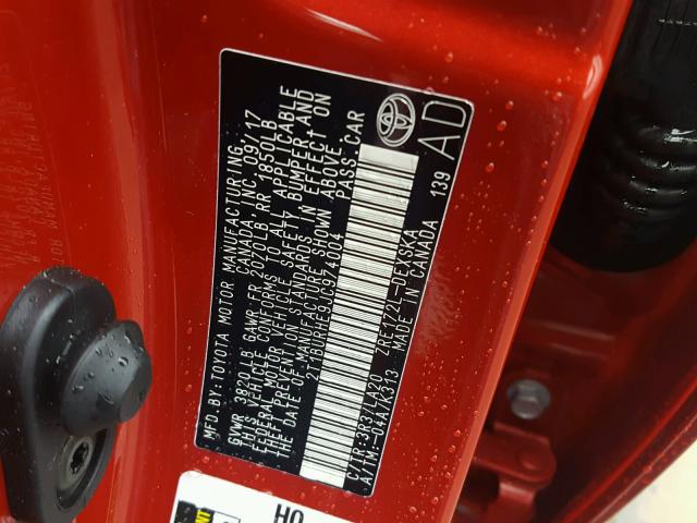 2T1BURHE9JC974004 - 2018 TOYOTA COROLLA L RED photo 10