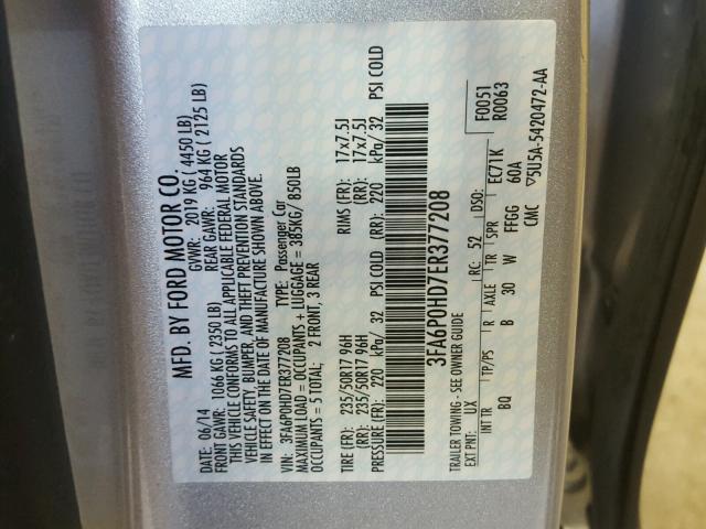 3FA6P0HD7ER377208 - 2014 FORD FUSION SE SILVER photo 10