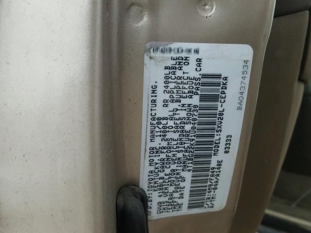 4T1BG22K91U040730 - 2001 TOYOTA CAMRY CE TAN photo 10