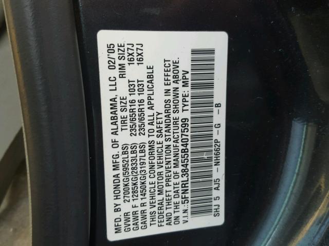 5FNRL38455B407599 - 2005 HONDA ODYSSEY EX GRAY photo 10