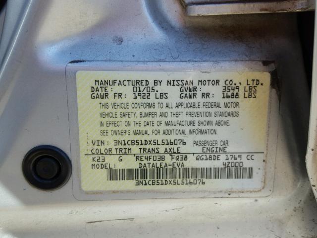 3N1CB51DX5L516076 - 2005 NISSAN SENTRA 1.8 GRAY photo 10