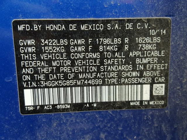 3HGGK5G85FM744699 - 2015 HONDA FIT EX BLUE photo 10