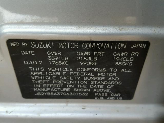 JS2YB5A37C6307532 - 2012 SUZUKI SX4 BASE SILVER photo 10