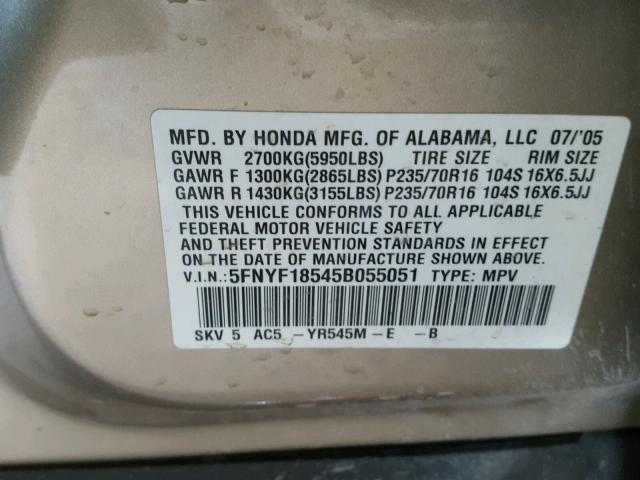 5FNYF18545B055051 - 2005 HONDA PILOT EXL TAN photo 10