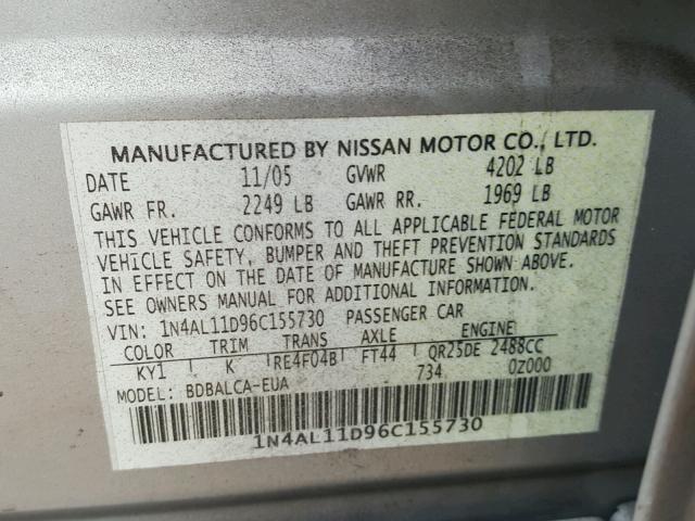 1N4AL11D96C155730 - 2006 NISSAN ALTIMA S SILVER photo 10