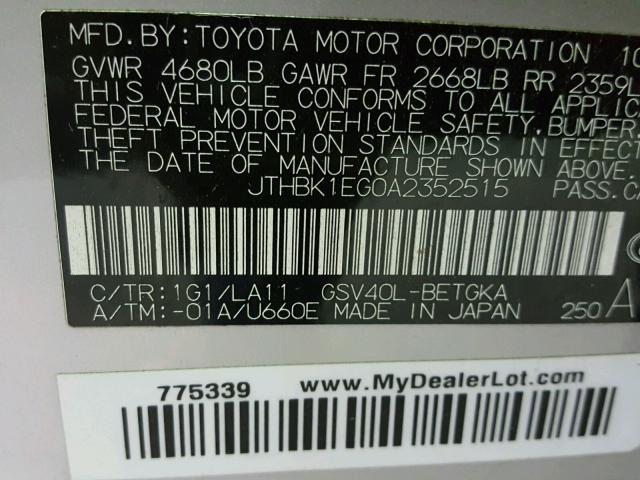 JTHBK1EG0A2352515 - 2010 LEXUS ES 350 SILVER photo 10