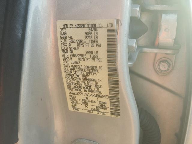 1N6ED27T74C440689 - 2004 NISSAN FRONTIER C SILVER photo 10