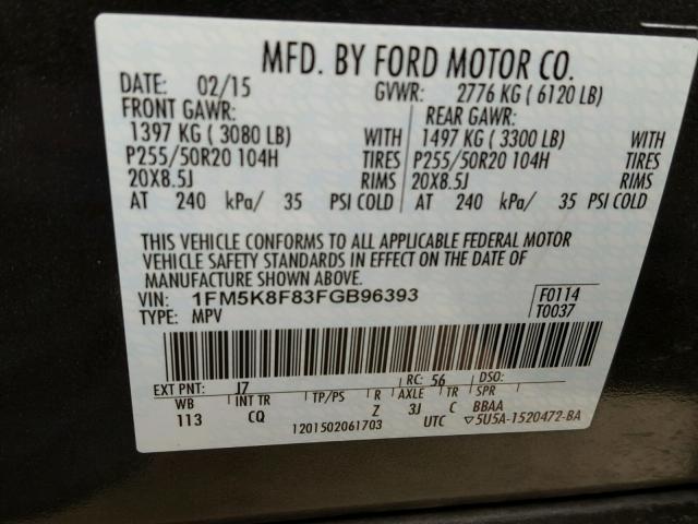 1FM5K8F83FGB96393 - 2015 FORD EXPLORER L GRAY photo 10