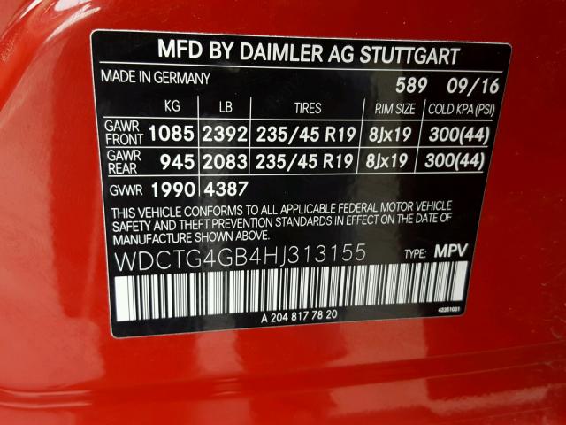 WDCTG4GB4HJ313155 - 2017 MERCEDES-BENZ GLA 250 4M RED photo 10