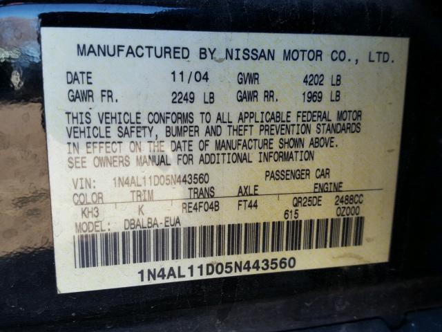 1N4AL11D05N443560 - 2005 NISSAN ALTIMA S BLACK photo 10