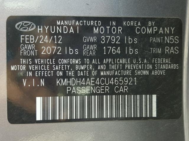 KMHDH4AE4CU465921 - 2012 HYUNDAI ELANTRA GL GRAY photo 10