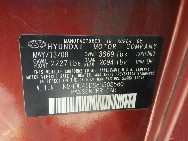 KMHDU46D88U508580 - 2008 HYUNDAI ELANTRA GL RED photo 10