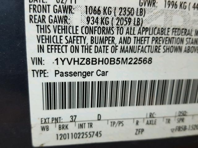 1YVHZ8BH0B5M22568 - 2011 MAZDA 6 I GRAY photo 10