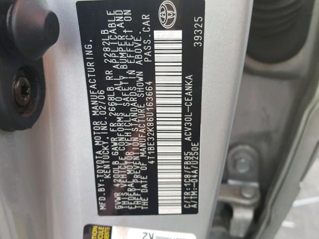 4T1BE32K86U163664 - 2006 TOYOTA CAMRY LE SILVER photo 10