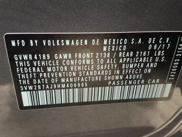 3VW2B7AJ9HM406965 - 2017 VOLKSWAGEN JETTA S GRAY photo 10