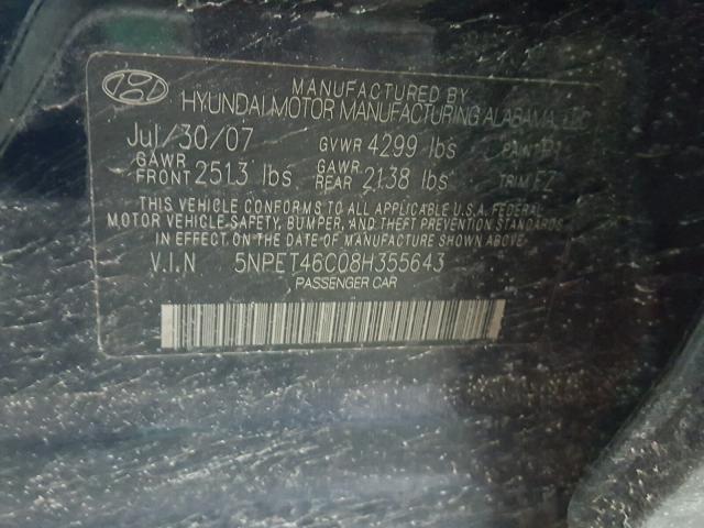 5NPET46C08H355643 - 2008 HYUNDAI SONATA GLS BLUE photo 10