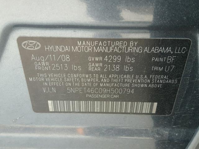 5NPET46C09H500794 - 2009 HYUNDAI SONATA GLS BLUE photo 10