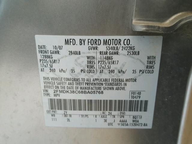 2FMDK38C68BA05768 - 2008 FORD EDGE SEL SILVER photo 10