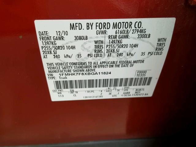 1FMHK7F8XBGA11824 - 2011 FORD EXPLORER L RED photo 10