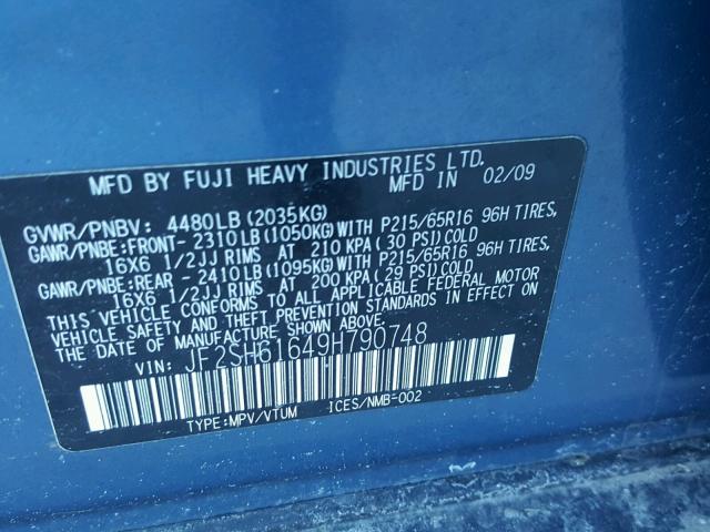 JF2SH61649H790748 - 2009 SUBARU FORESTER 2 BLUE photo 10