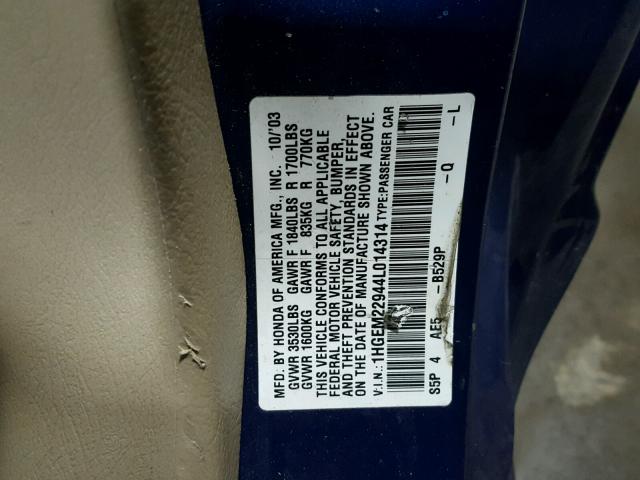 1HGEM22944L014314 - 2004 HONDA CIVIC EX BLUE photo 10