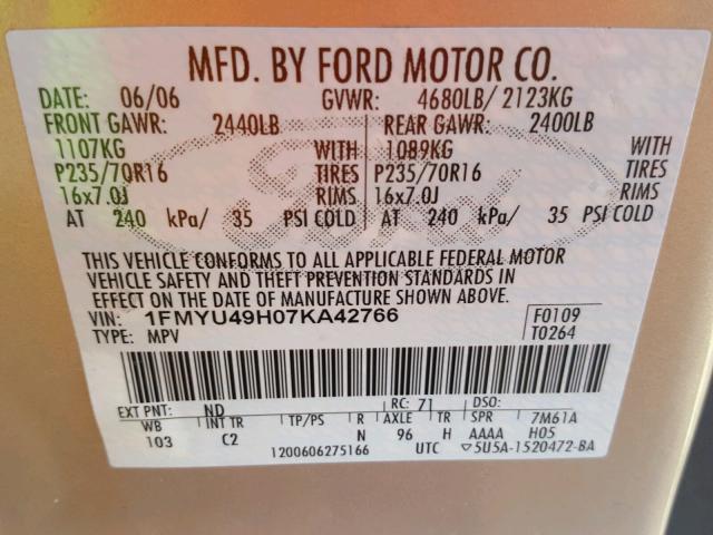 1FMYU49H07KA42766 - 2007 FORD ESCAPE HEV GOLD photo 10