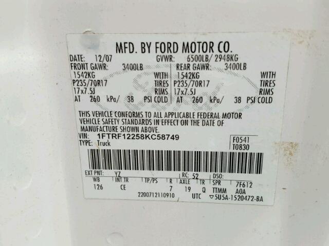 1FTRF12258KC58749 - 2008 FORD F150 WHITE photo 10